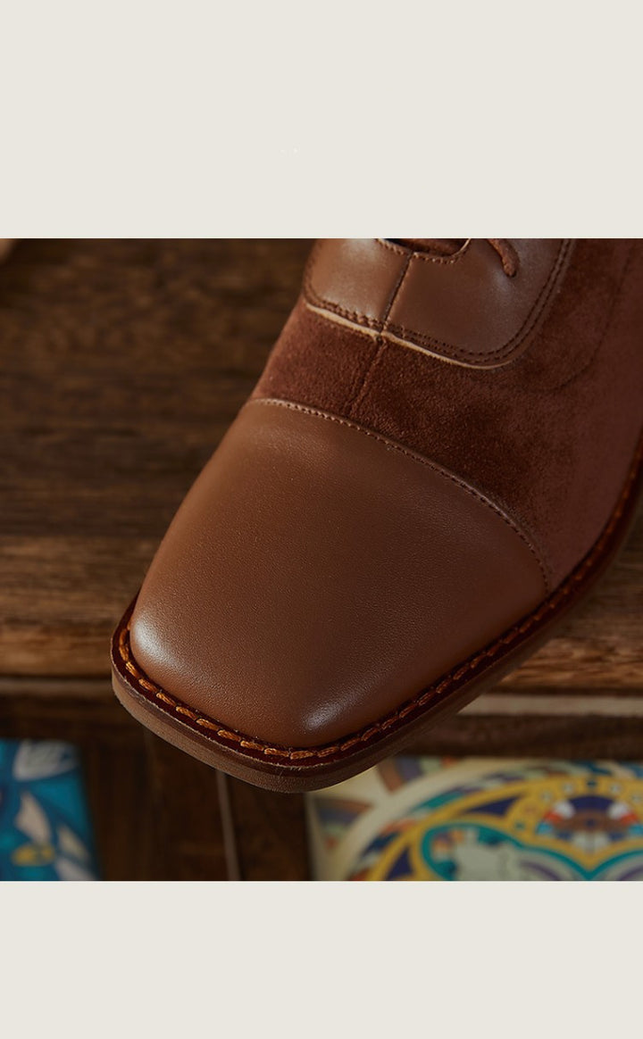 About Wind Low-Heel Flat Top Cowhide Square Toe Lace-Up Short-Leg Boots