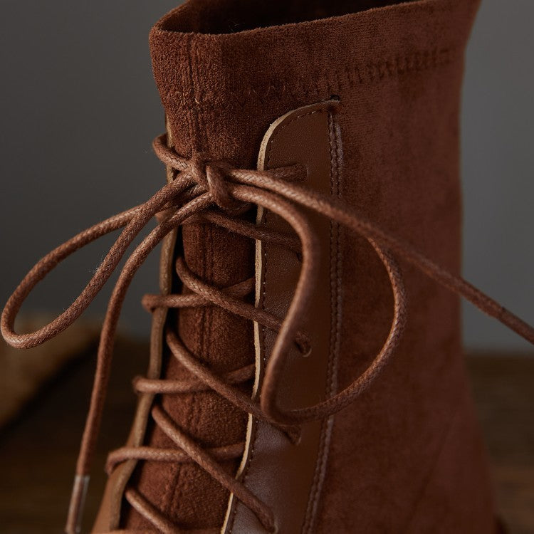 About Wind Low-Heel Flat Top Cowhide Square Toe Lace-Up Short-Leg Boots