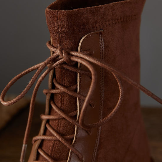 About Wind Low-Heel Flat Top Cowhide Square Toe Lace-Up Short-Leg Boots