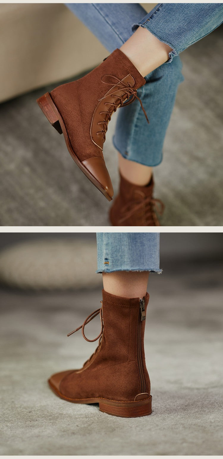 About Wind Low-Heel Flat Top Cowhide Square Toe Lace-Up Short-Leg Boots