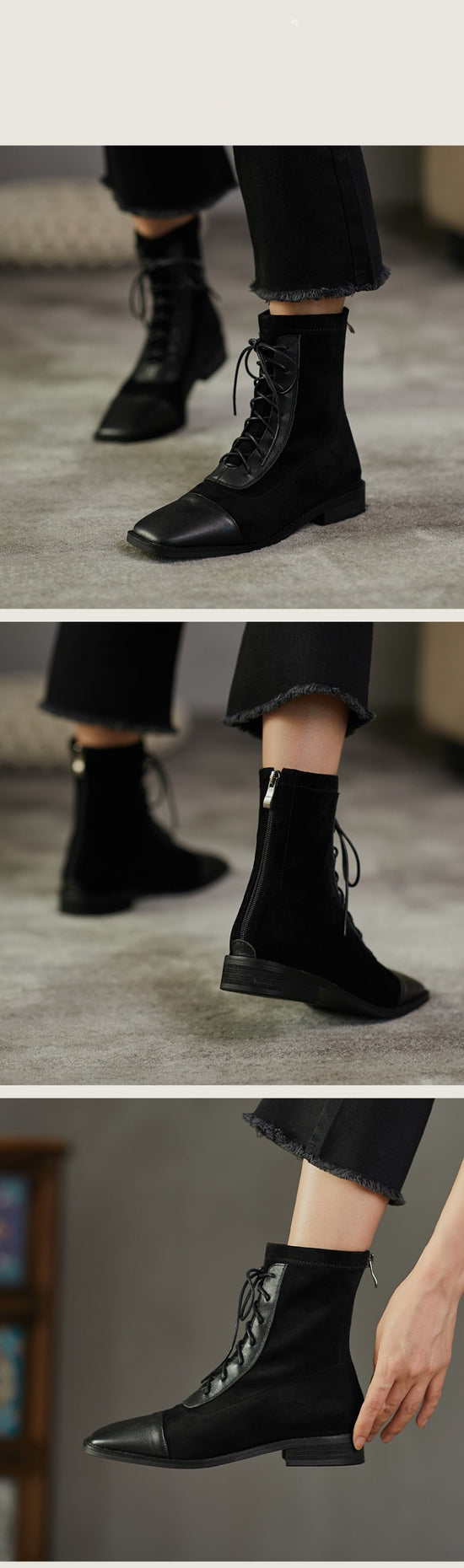 About Wind Low-Heel Flat Top Cowhide Square Toe Lace-Up Short-Leg Boots