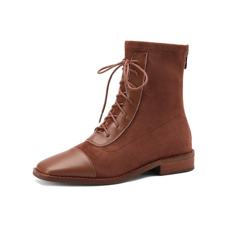 About Wind Low-Heel Flat Top Cowhide Square Toe Lace-Up Short-Leg Boots