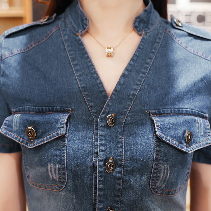 Female V-Neck Slim Denim Dress With Buttocks