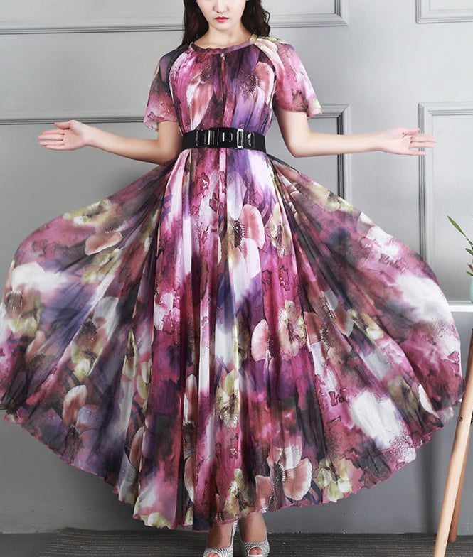 Ladies Fashion Chiffon Short Sleeve Printed Dress