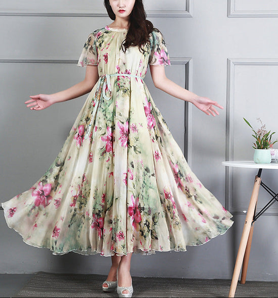 Ladies Fashion Chiffon Short Sleeve Printed Dress