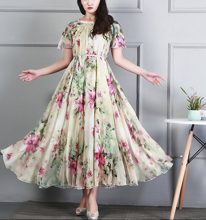 Ladies Fashion Chiffon Short Sleeve Printed Dress