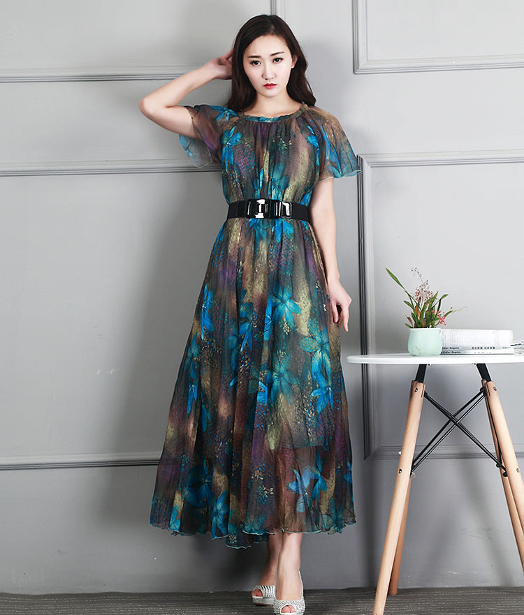 Ladies Fashion Chiffon Short Sleeve Printed Dress