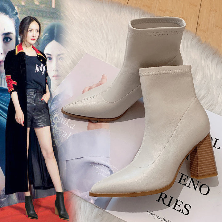 Net Red Thick Heel Pointed Toe Single Boots Nude Boots Suede