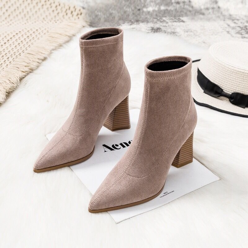 Net Red Thick Heel Pointed Toe Single Boots Nude Boots Suede