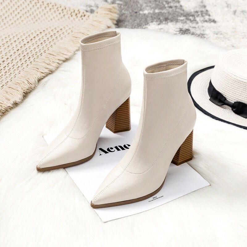 Net Red Thick Heel Pointed Toe Single Boots Nude Boots Suede