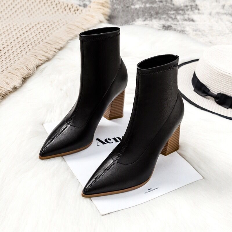 Net Red Thick Heel Pointed Toe Single Boots Nude Boots Suede