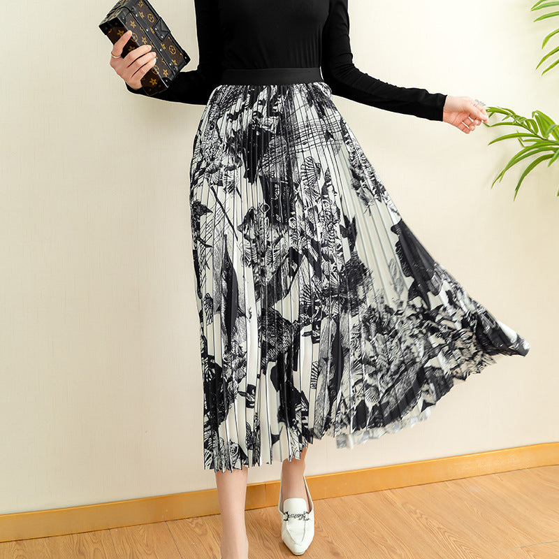 High-Waisted A-Line Slim Mid-Length Printed Skirt