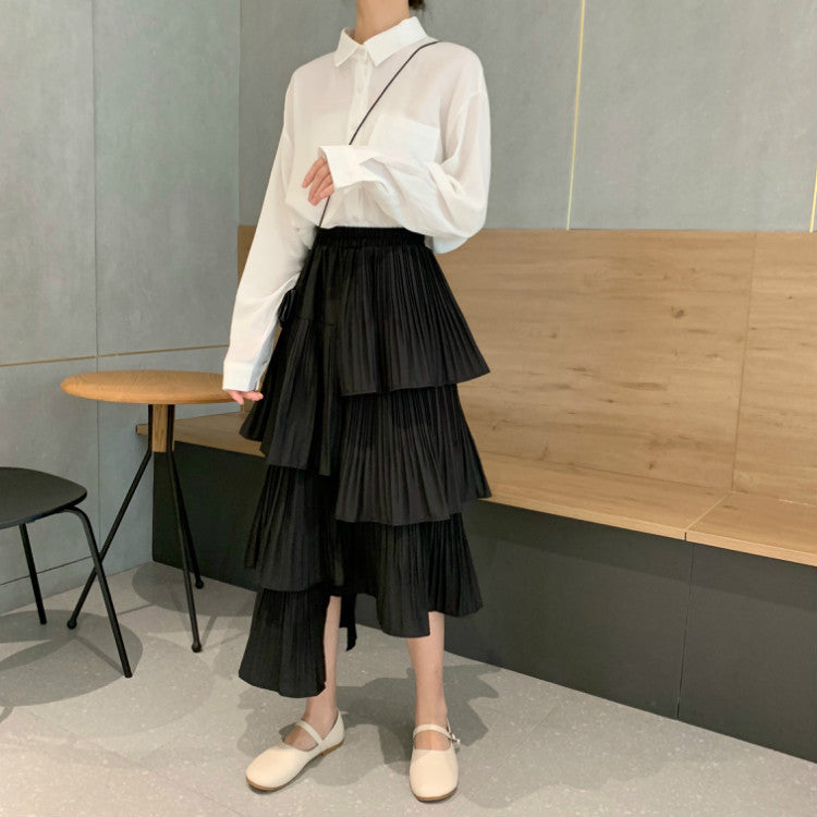 Irregular Pleated Skirt Women High Waist Mid-Length Cake Skirt