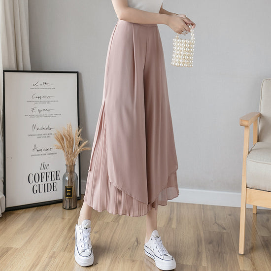 New Chiffon Pleated Split Wide Leg Pants Casual Pants Cropped Trousers