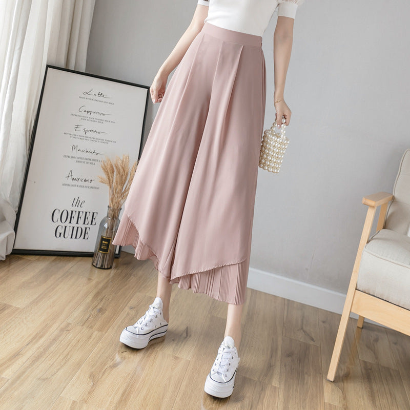 New Chiffon Pleated Split Wide Leg Pants Casual Pants Cropped Trousers
