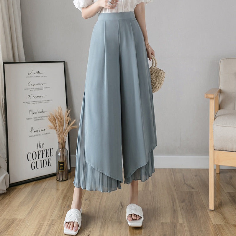 New Chiffon Pleated Split Wide Leg Pants Casual Pants Cropped Trousers