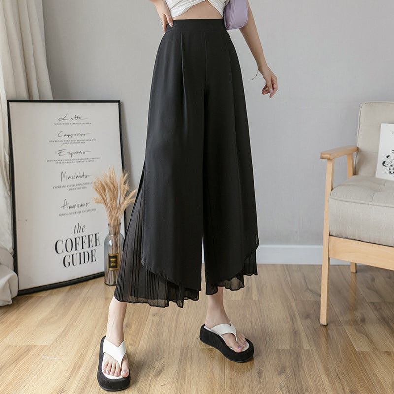 New Chiffon Pleated Split Wide Leg Pants Casual Pants Cropped Trousers