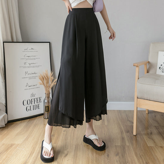 New Chiffon Pleated Split Wide Leg Pants Casual Pants Cropped Trousers