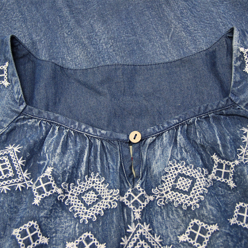 Loose Denim Skirt Long Skirt Retro Embroidered Ruffle Dress