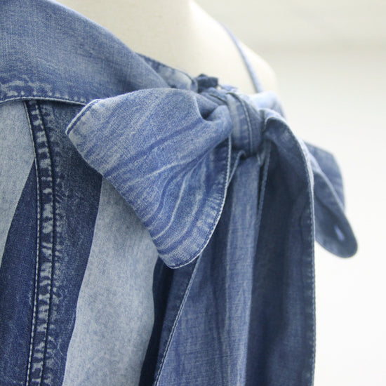 Neck Sling Strap Off Shoulder Big Swing Skirt Denim Striped Dress