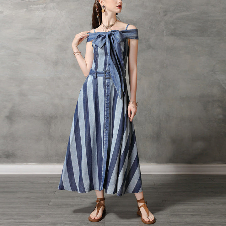 Neck Sling Strap Off Shoulder Big Swing Skirt Denim Striped Dress