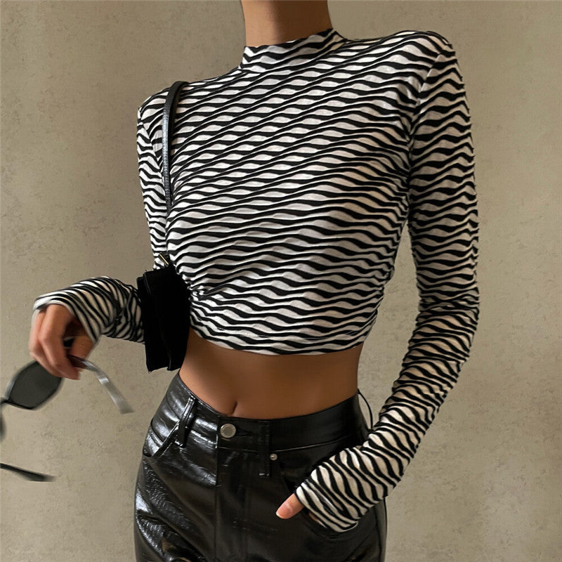 Printed Sexy Back Hollow Lace-up Long-sleeved T-shirt