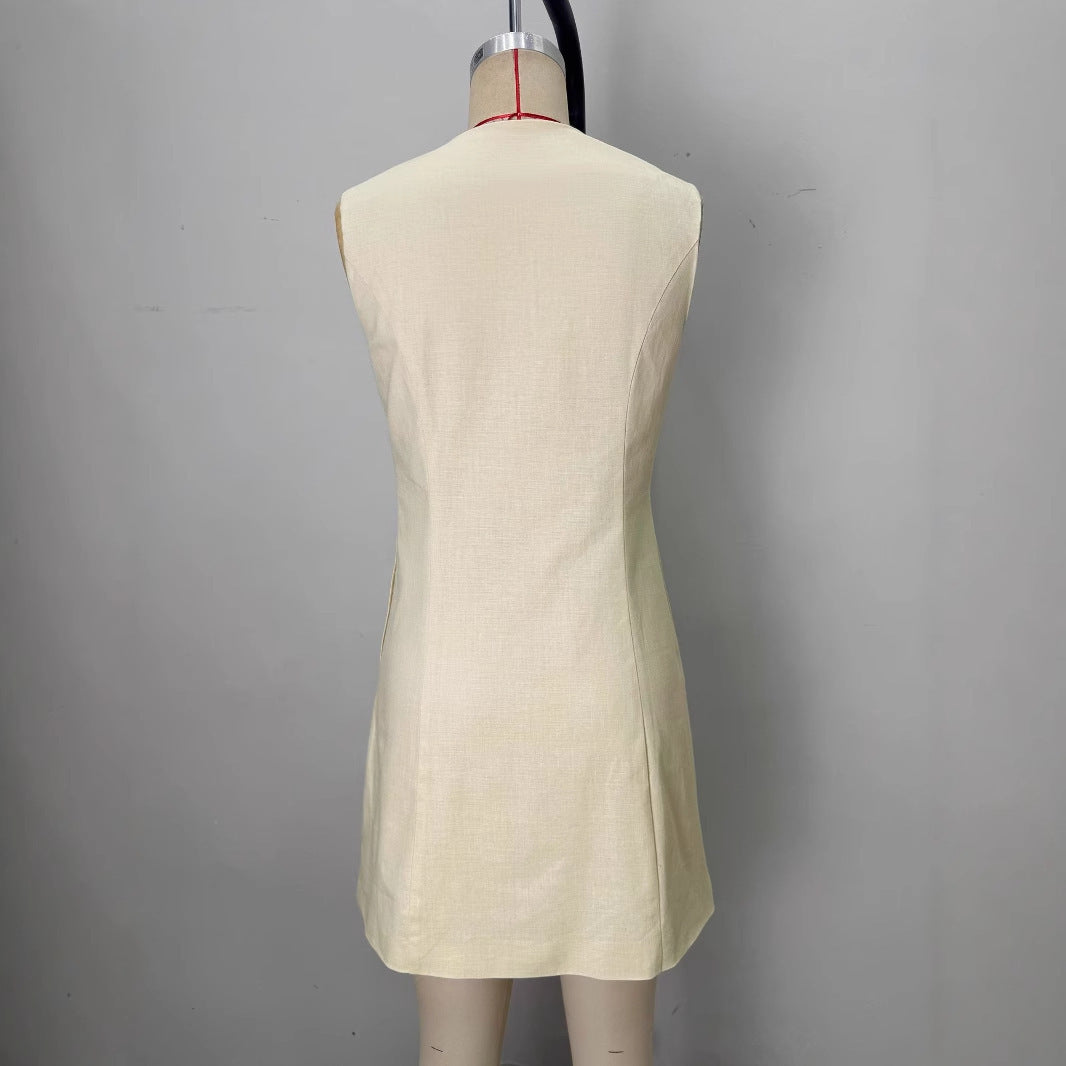 Intellectual Elegant Mini Skirt Summer Slim-fit Buttoned Sleeveless Socialite Skirt
