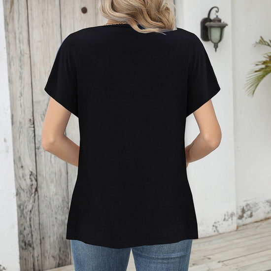 Women's Printing Color Contrast Loose Short-sleeved T-shirt Button Top