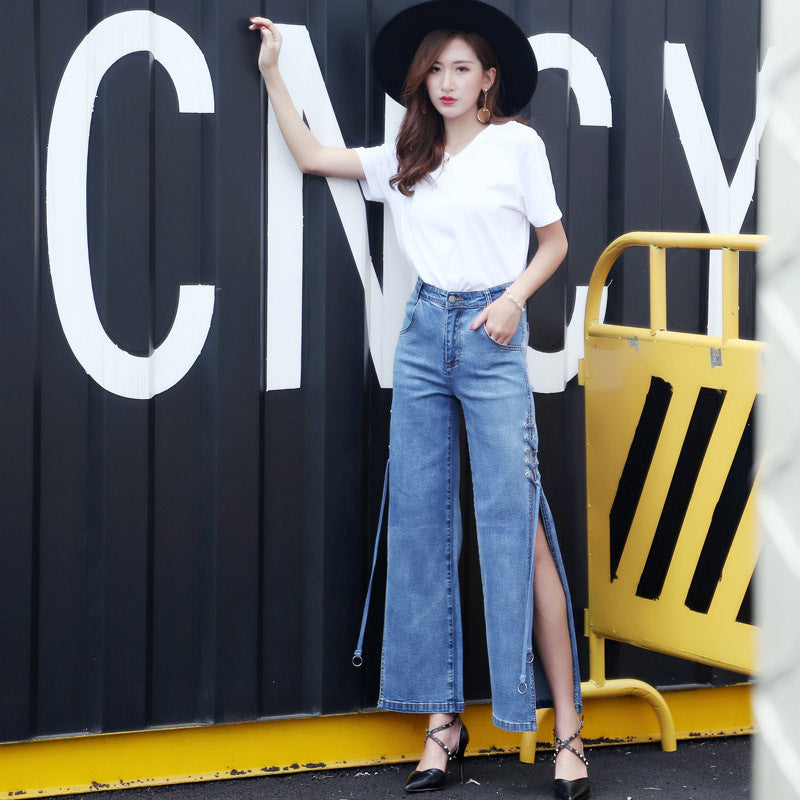 Oversized high-rise side wide-leg jeans