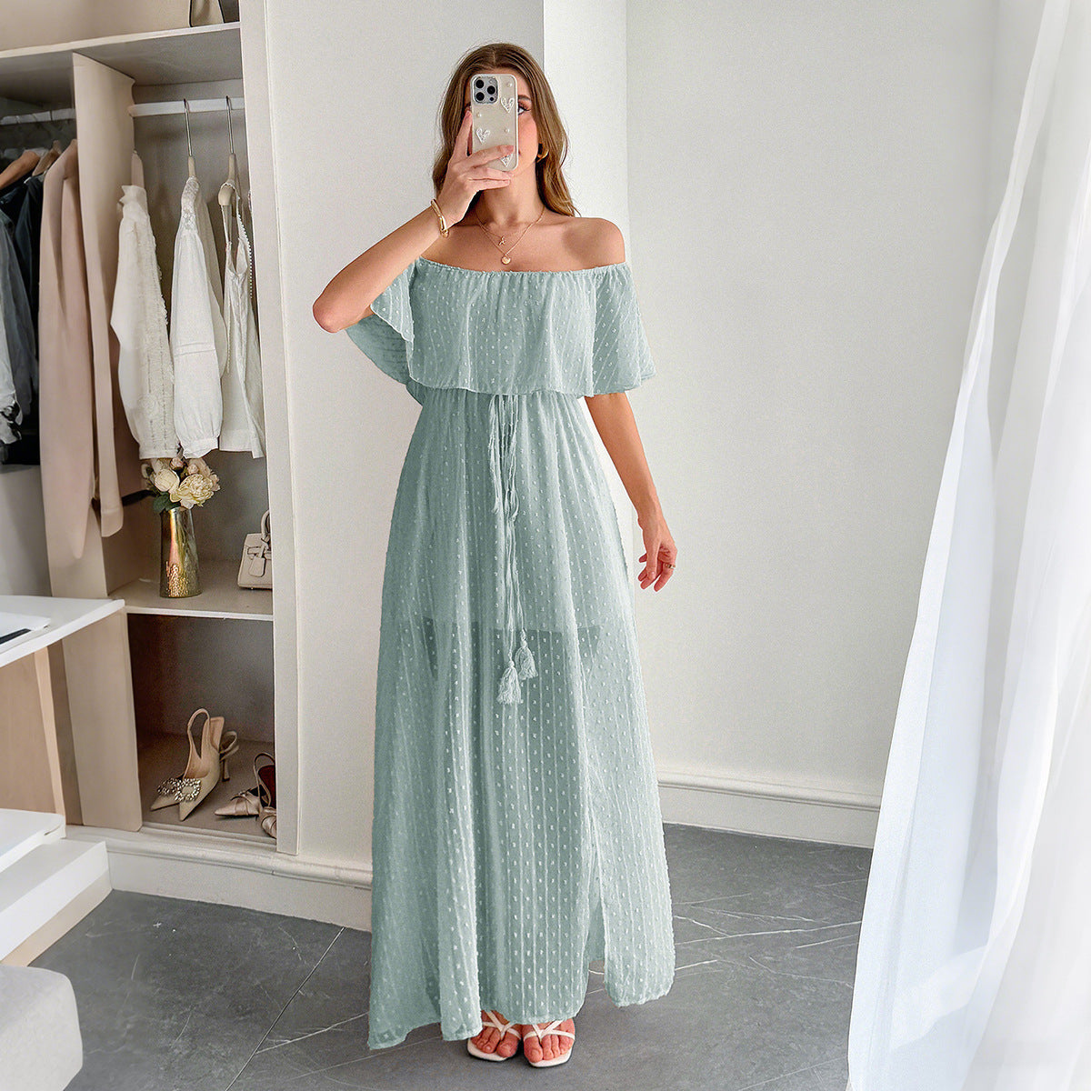 European And American Leisure Simple Style Off-the-shoulder Semi-transparent Slim Fit Dress