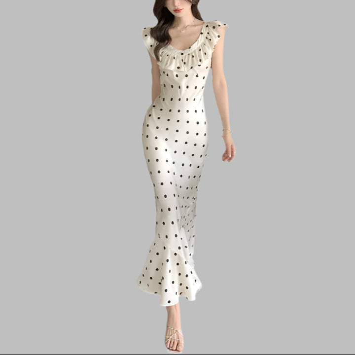 Temperament Waist-controlled Summer Ruffles Backless Polka Dot Dress Women