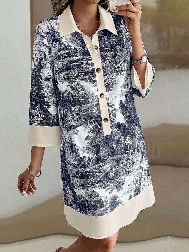 Autumn Half-sleeve Printed Loose And Elegant Shirt Dress