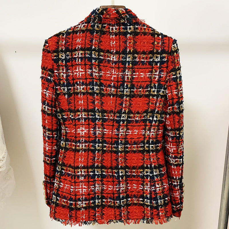 Double-Breasted Tweed Plaid Woolen Fringed Collar Blazer Jacket