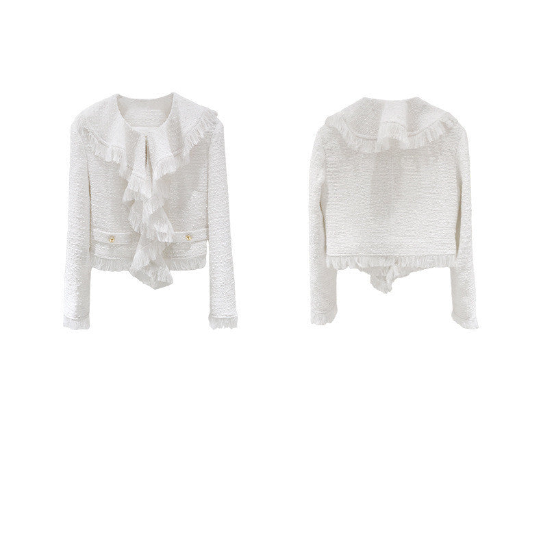 Women's Frayed Ruffle Collar Short Tweed Coat
