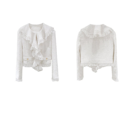 Women's Frayed Ruffle Collar Short Tweed Coat