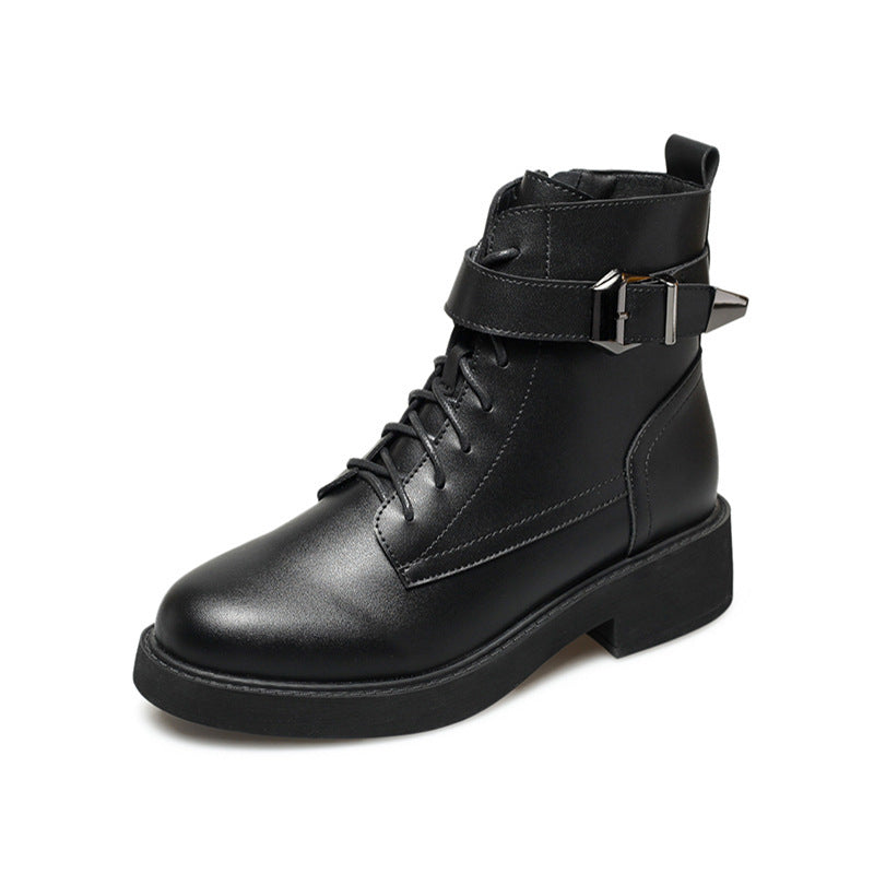 Buckled motorcycle boots women's lace up short boots