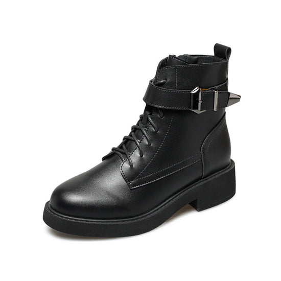 Buckled motorcycle boots women's lace up short boots