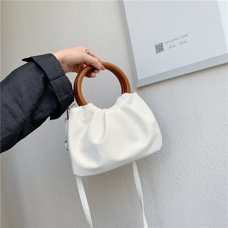 Minimalist New Fashionable Pleated Soft Leather Bag Women's Simple Pure Color All-matching Messenger Bag Wooden Handle Bag Fashion