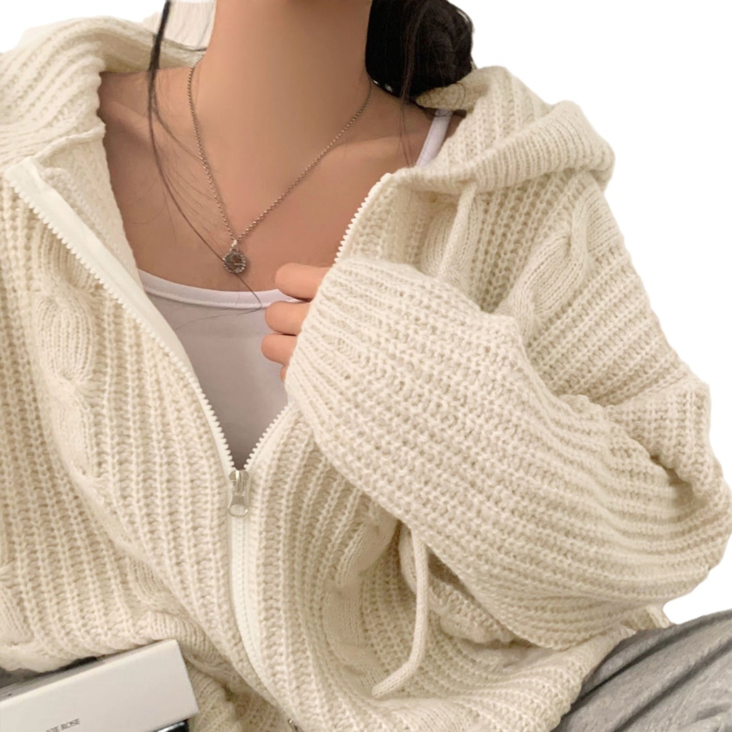 Hooded Long Sleeve Knitted Sweater Cardigan Coat Women