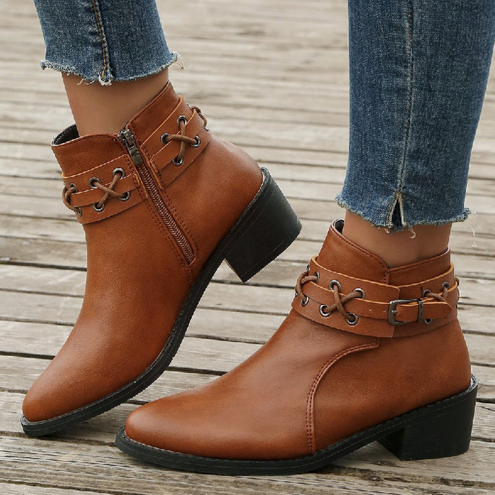 Women's Ankle Pointed-toe Side Zip Thick Heel Rivet Leather Boots