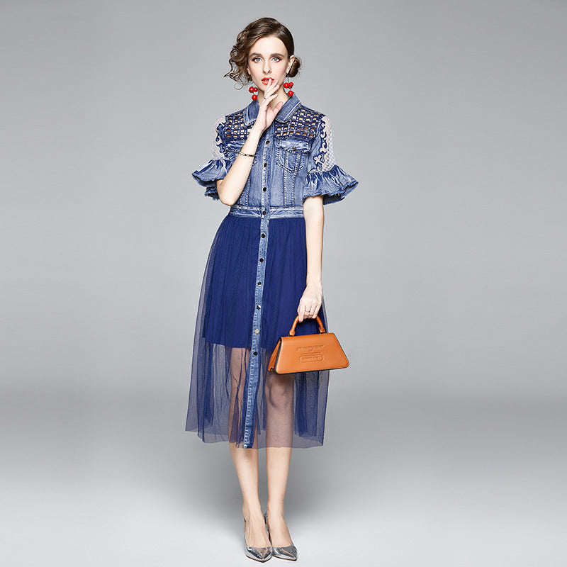 Beaded Hollow Mesh Denim Panel Dress