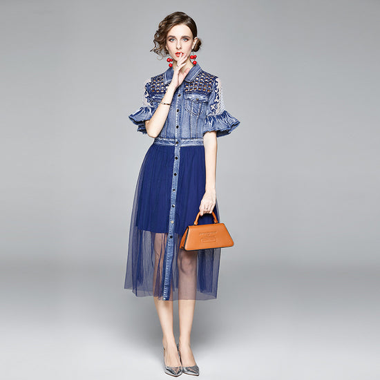 Beaded Hollow Mesh Denim Panel Dress
