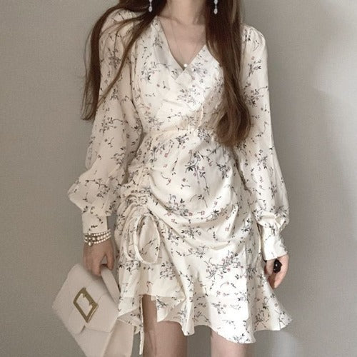 Elegant Elegant V-neck Cross Waist Bubble Sleeve Floral Dress