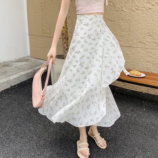 Printed Chiffon Flounced Skirt One Piece Asymmetric Skirt Mid-length