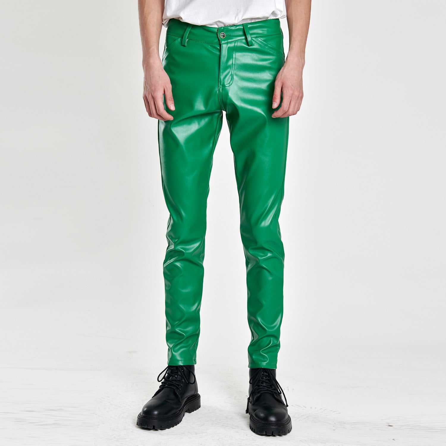 Men's Stretch Slim Fit Popular Green Bar Orange Orange Breathable Leather Pants