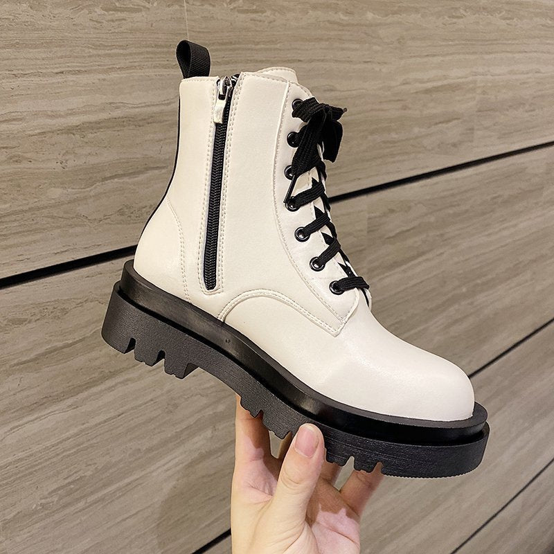 British Wind Locomotive Boots With Thick Soles And Versatile White Short Boots