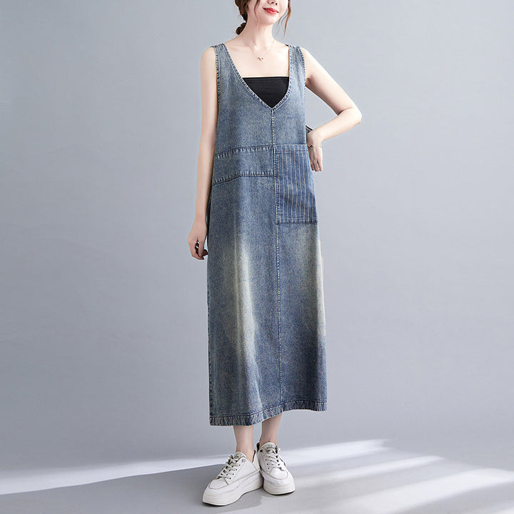 Women's Retro Literary Washed V-neck Denim Dress