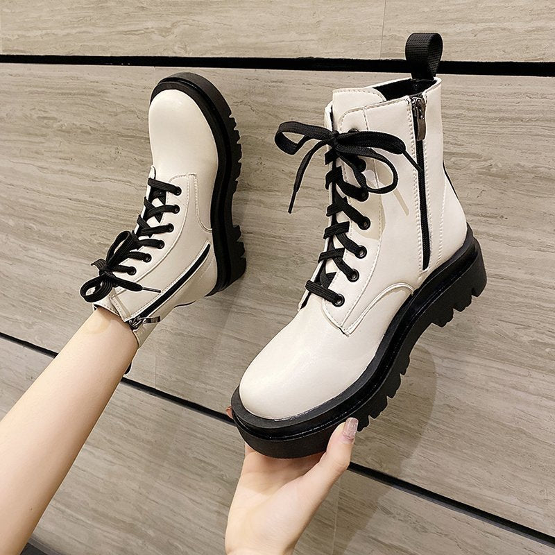 British Wind Locomotive Boots With Thick Soles And Versatile White Short Boots