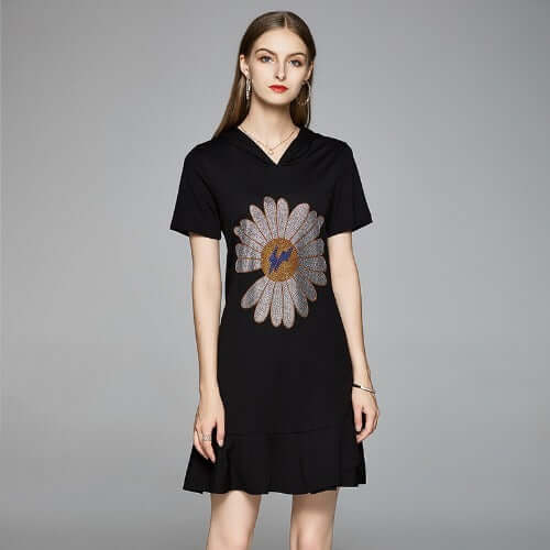 Women's Ruffled Fishtail Hooded Sweater Dress - Product information: Style: sweet Pattern: Printing Process: Printing/Dyeing Style: Basic Combination form: single piece Skirt length: short skirt Skirt type: lotus leaf skirt Collar type: scarf collar Sleev