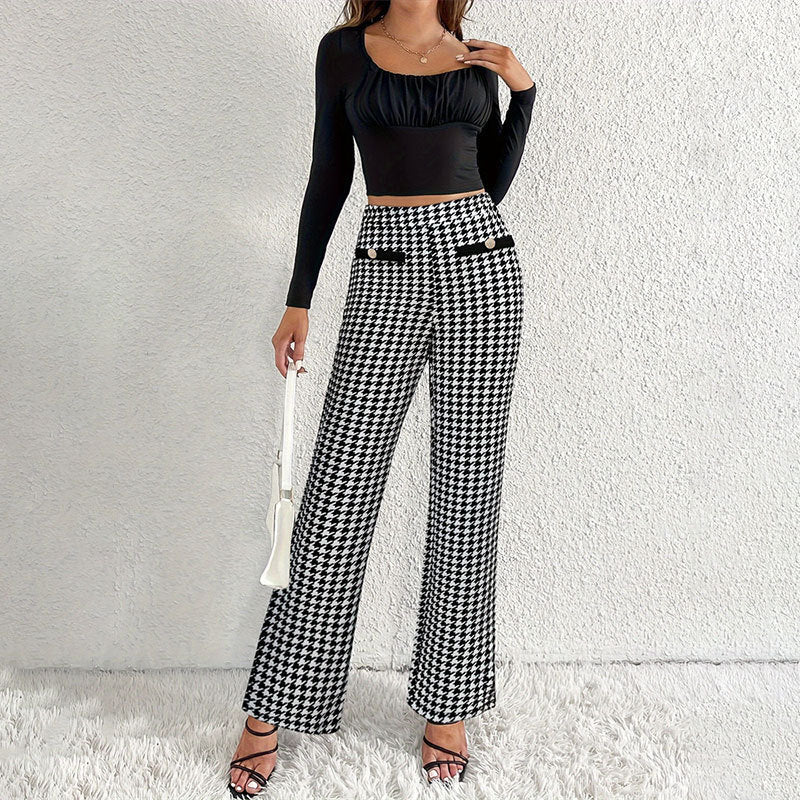 Faux Pocket Fastener Decoration Straight Wide Leg Pants Trousers